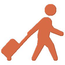 Logo du jeu Expat! montrant un personnage de couleur corail avec une valise.